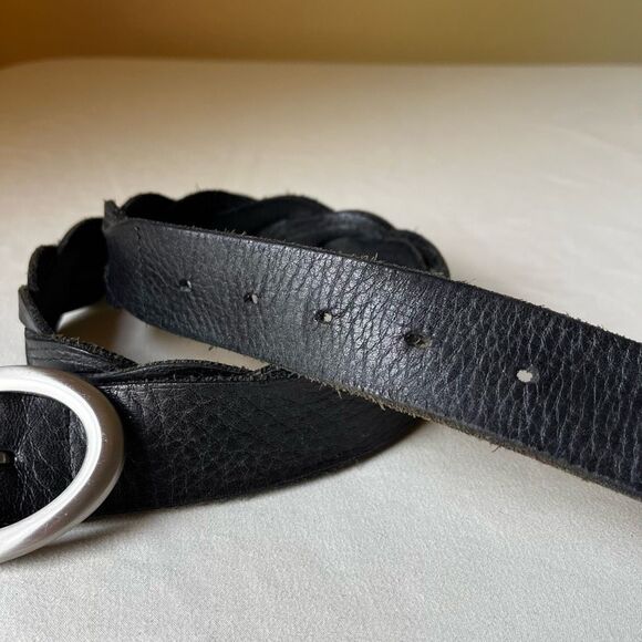 Talbots Black Leather Woven Belt‎ Silver Oval Buckle Casual Boho Western 36 - Picture 7 of 8
